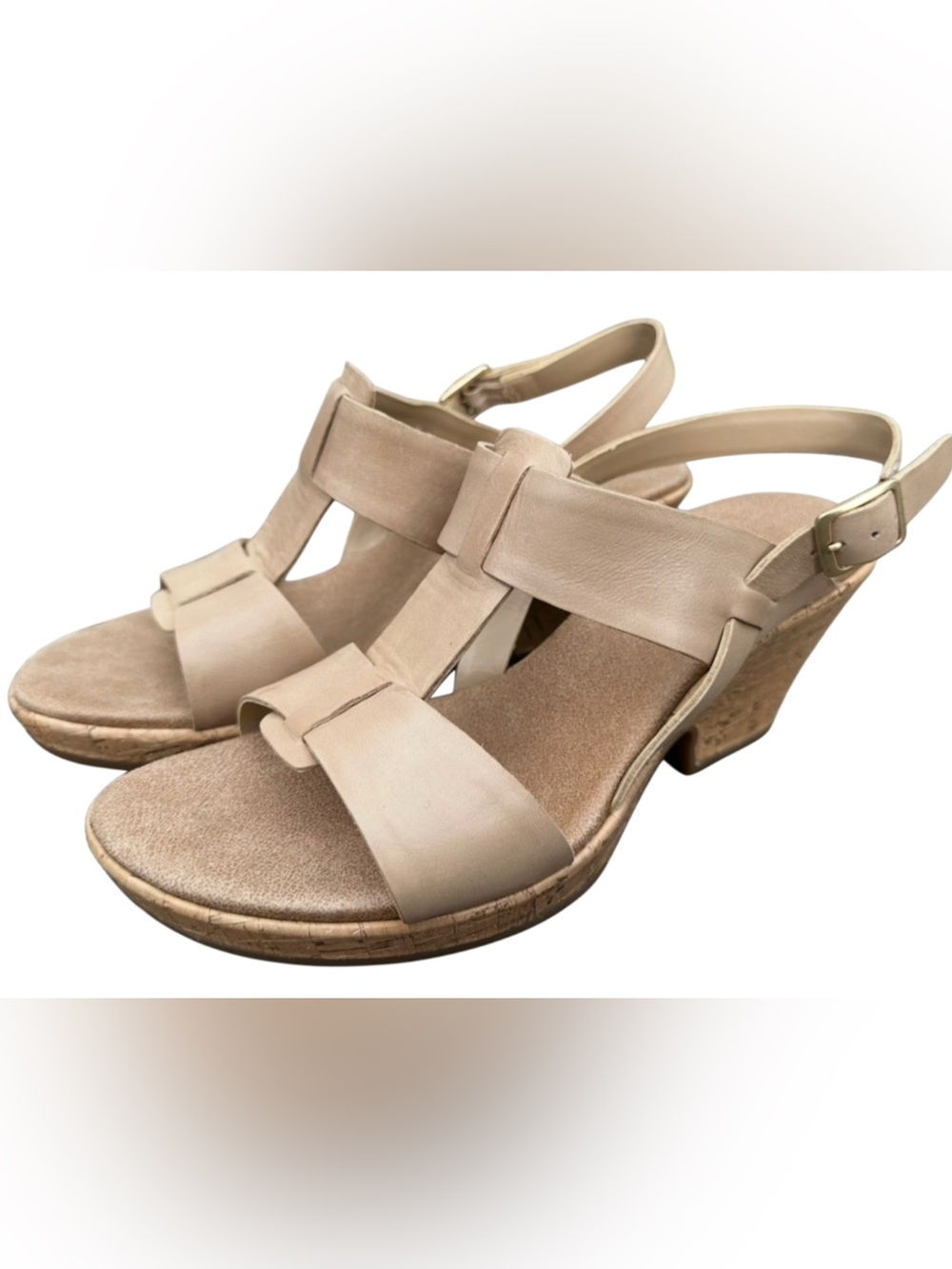 Clarks Leather Cork Wedge Sandals Beige Taupe Slingback Size 9M Minimalist - Picture 2 of 10